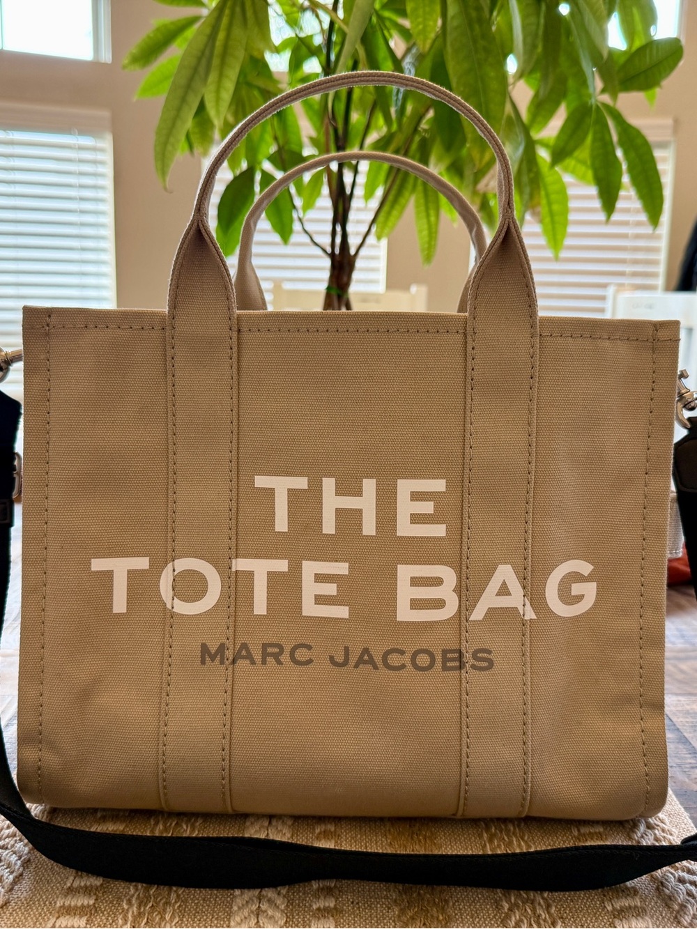 Marc Jacobs Medium Beige Canvas The Tote Bag with Logo And Black Strap